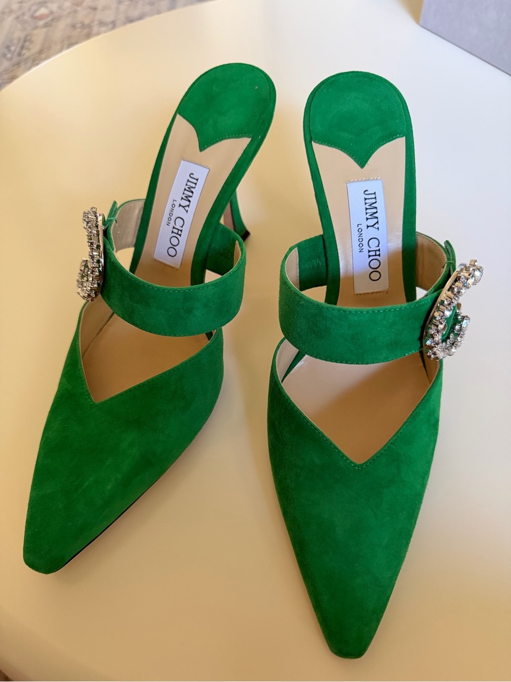 Jimmy Choo Emerald Green Suede Mule with Crystal Buckle
